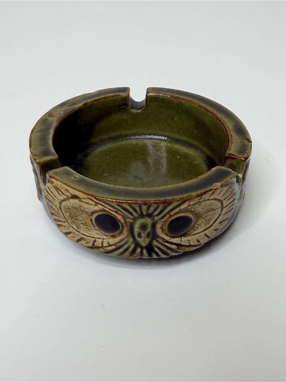 MCM Handmade Glazed Stoneware Pottery Ashtray Trinket Dish Hand Painted Owl